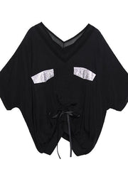 Women v neck drawstring cotton shirts Work black top summer - bagstylebliss
