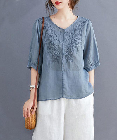 Women v neck embroidery tops women pattern blue blouse - bagstylebliss