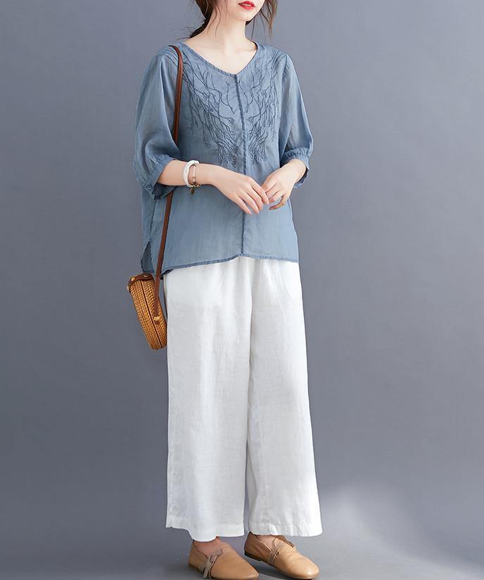 Women v neck embroidery tops women pattern blue blouse - bagstylebliss