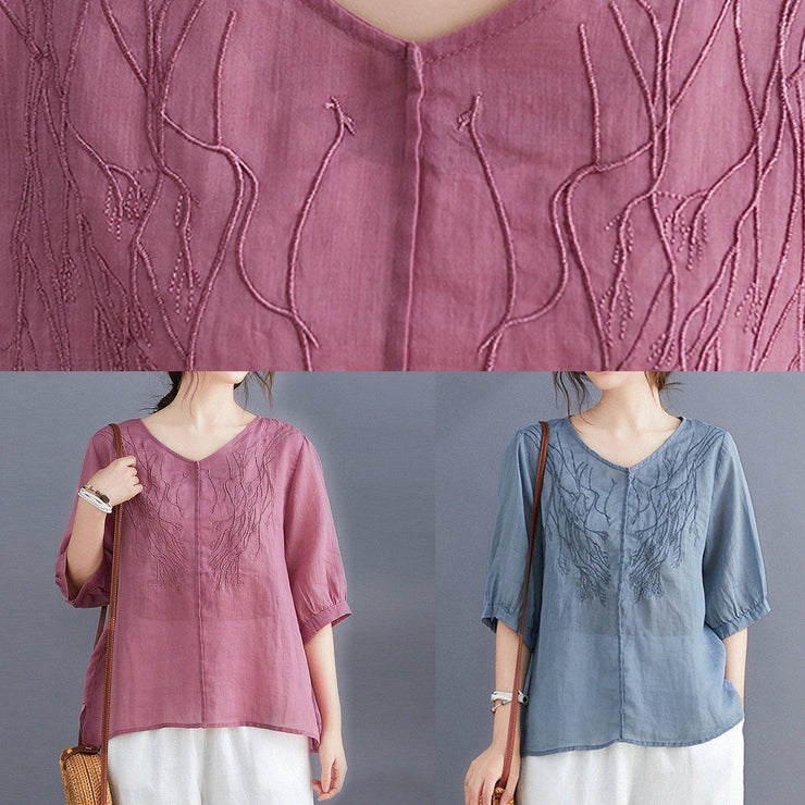 Women v neck embroidery tops women pattern blue blouse - bagstylebliss