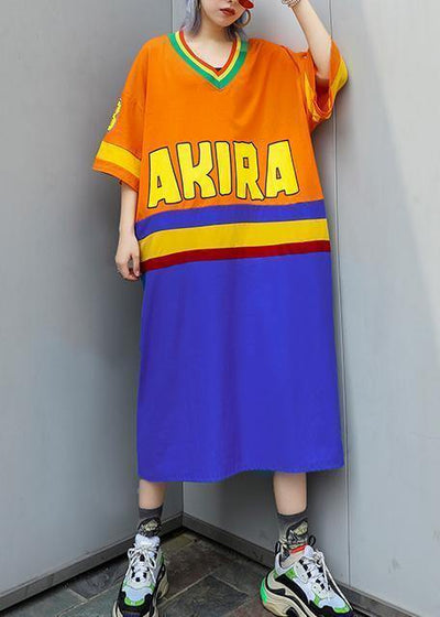 Women v neck half sleeve cotton clothes Inspiration orange blue patchwork Plus Size Dress summer - bagstylebliss