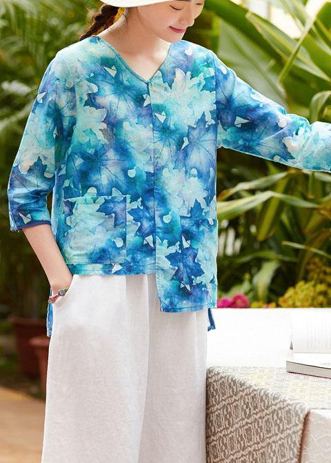 Women v neck half sleeve linen clothes For Women Shape blue prints shirt summer - bagstylebliss