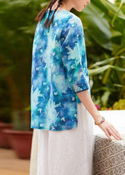 Women v neck half sleeve linen clothes For Women Shape blue prints shirt summer - bagstylebliss