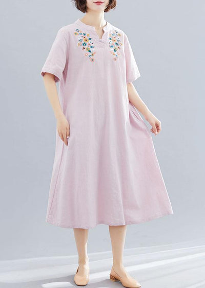 Women v neck linen clothes Neckline pink embroidery Dress summer - bagstylebliss