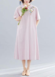 Women v neck linen clothes Neckline pink embroidery Dress summer - bagstylebliss