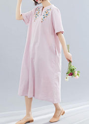 Women v neck linen clothes Neckline pink embroidery Dress summer - bagstylebliss