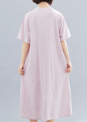 Women v neck linen clothes Neckline pink embroidery Dress summer - bagstylebliss