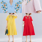 Women v neck linen clothes Neckline pink embroidery Dress summer - bagstylebliss