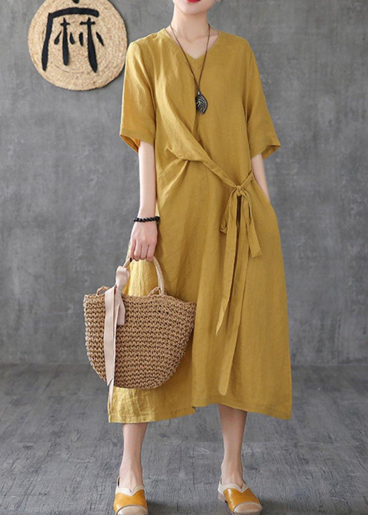 Women v neck linen clothes Online Shopping yellow Dresses - bagstylebliss