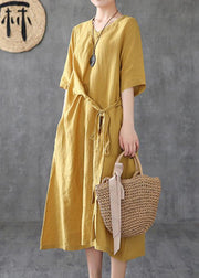 Women v neck linen clothes Online Shopping yellow Dresses - bagstylebliss