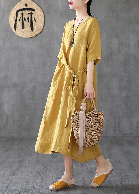 Women v neck linen clothes Online Shopping yellow Dresses - bagstylebliss