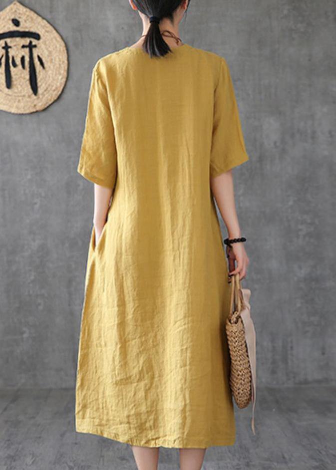 Women v neck linen clothes Online Shopping yellow Dresses - bagstylebliss