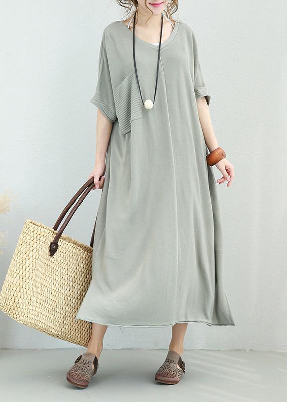 Women v neck linen dress Shirts light gray Dress side open summer - bagstylebliss