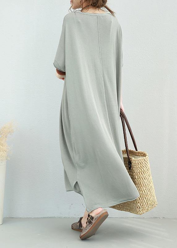 Women v neck linen dress Shirts light gray Dress side open summer - bagstylebliss