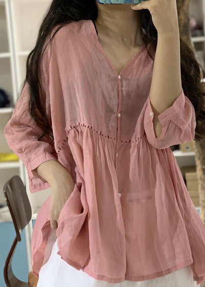 Women v neck linen shirts women pattern pink blouse fall - bagstylebliss