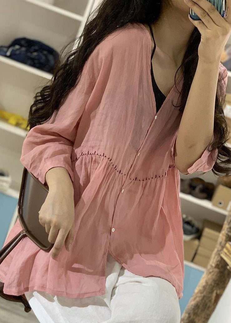 Women v neck linen shirts women pattern pink blouse fall - bagstylebliss