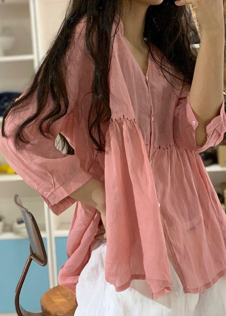 Women v neck linen shirts women pattern pink blouse fall - bagstylebliss