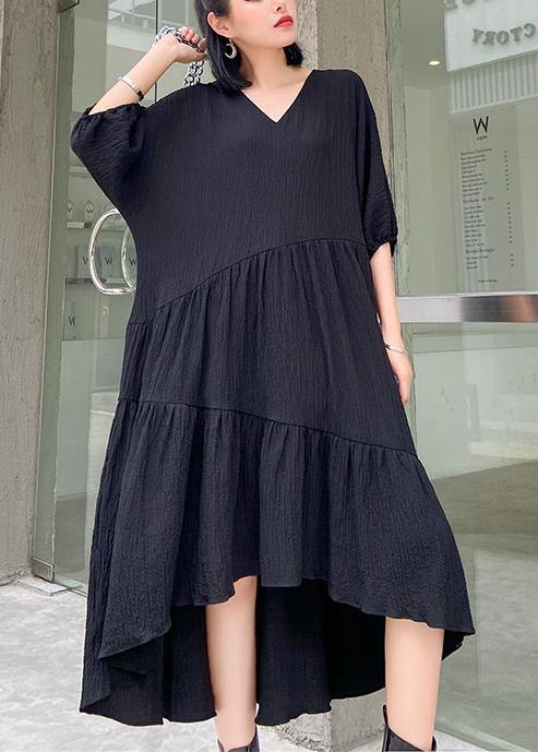 Women v neck low high design cotton summer black Kaftan Dress - bagstylebliss