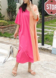 Women v neck patchwork cotton Tunics Tunic Tops pink Kaftan Dress - bagstylebliss