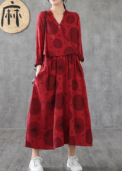 Women v neck patchwork cotton clothes red embroidery long Dresses - bagstylebliss