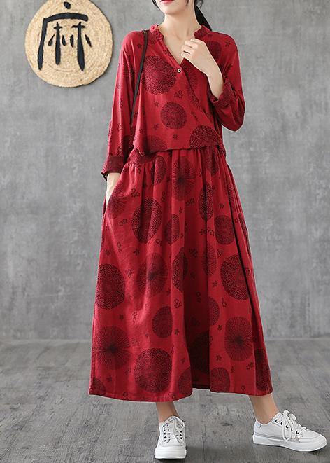 Women v neck patchwork cotton clothes red embroidery long Dresses - bagstylebliss