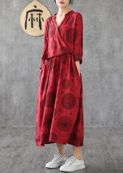 Women v neck patchwork cotton clothes red embroidery long Dresses - bagstylebliss