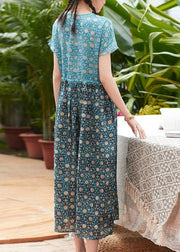 Women v neck patchwork linen clothes Women Fabrics blue print Kaftan Dresses summer - bagstylebliss