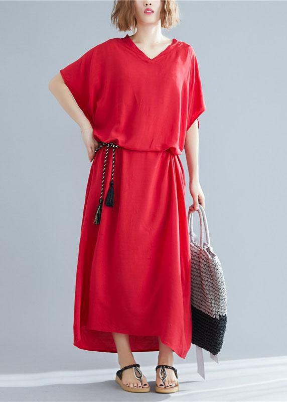 Women v neck pockets cotton linen summer Soft Surroundings Work red Dress - bagstylebliss