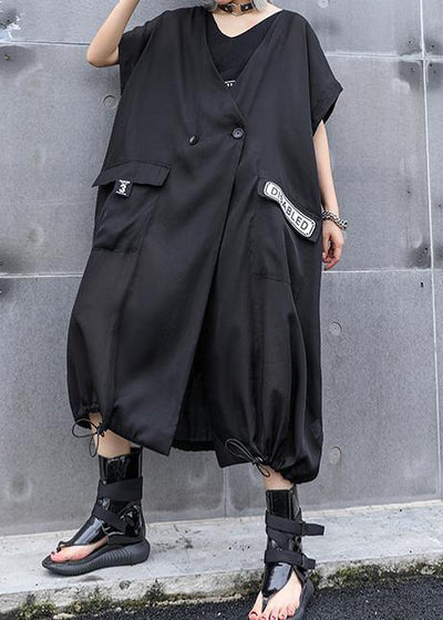 Women v neck pockets linen outfit Wardrobes black print Dresses summer - bagstylebliss