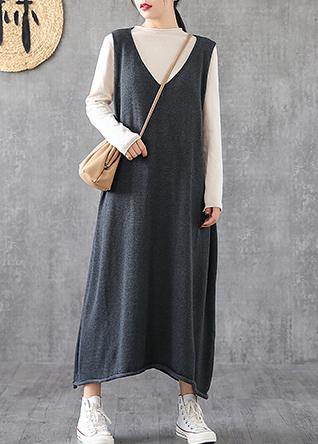 Women v neck sleeveless Tunics Fabrics gray long Dresses spring - bagstylebliss