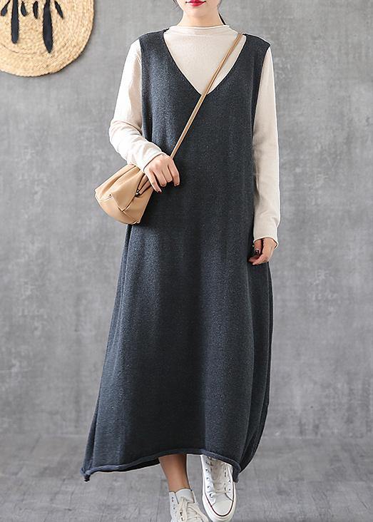 Women v neck sleeveless Tunics Fabrics gray long Dresses spring - bagstylebliss