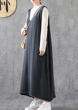 Women v neck sleeveless Tunics Fabrics gray long Dresses spring - bagstylebliss