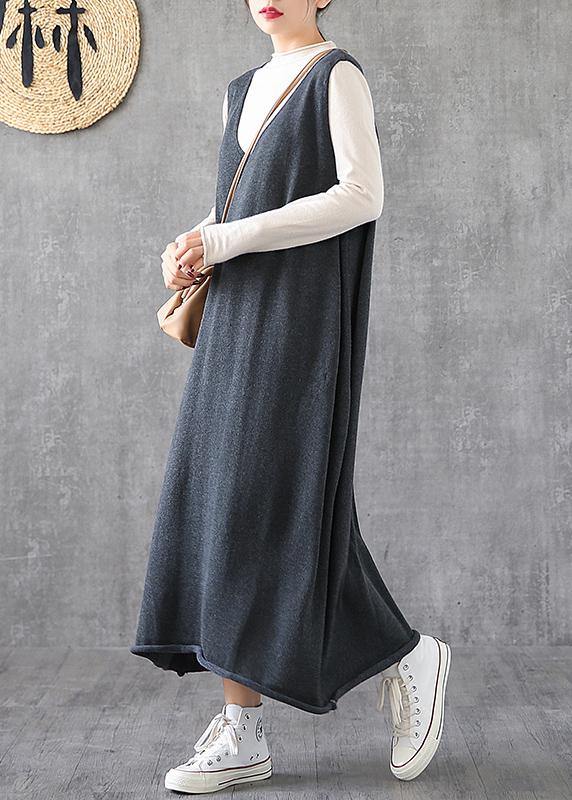 Women v neck sleeveless Tunics Fabrics gray long Dresses spring - bagstylebliss