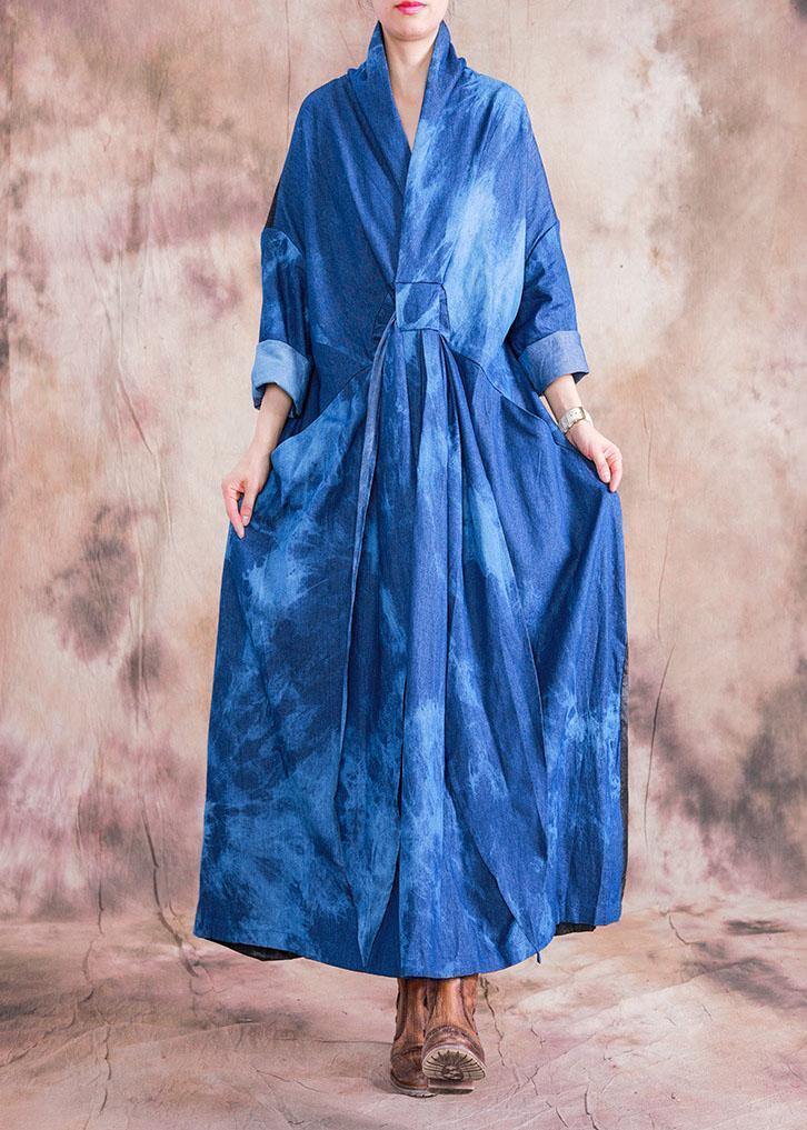 Women v neck tie waist cotton clothes denim blue A Line Dress fall - bagstylebliss