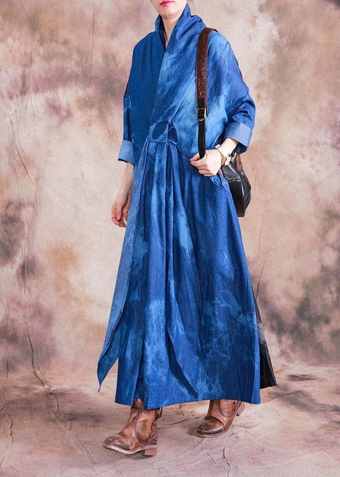 Women v neck tie waist cotton clothes denim blue A Line Dress fall - bagstylebliss