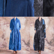 Women v neck tie waist cotton clothes denim blue A Line Dress fall - bagstylebliss