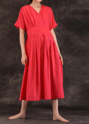 Women v neck tie waist linen clothes For Women Inspiration red Dress summer - bagstylebliss