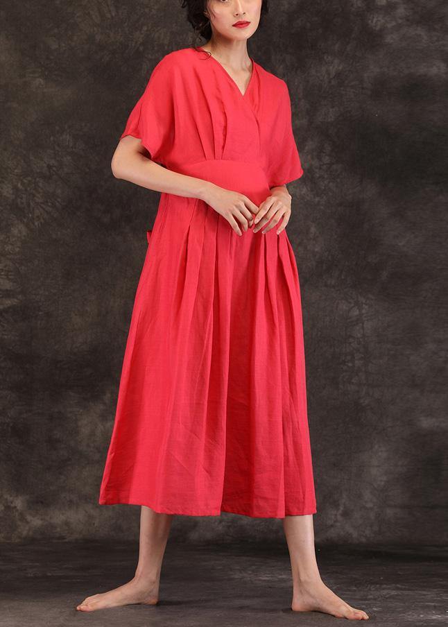 Women v neck tie waist linen clothes For Women Inspiration red Dress summer - bagstylebliss