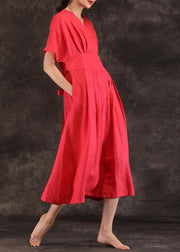 Women v neck tie waist linen clothes For Women Inspiration red Dress summer - bagstylebliss