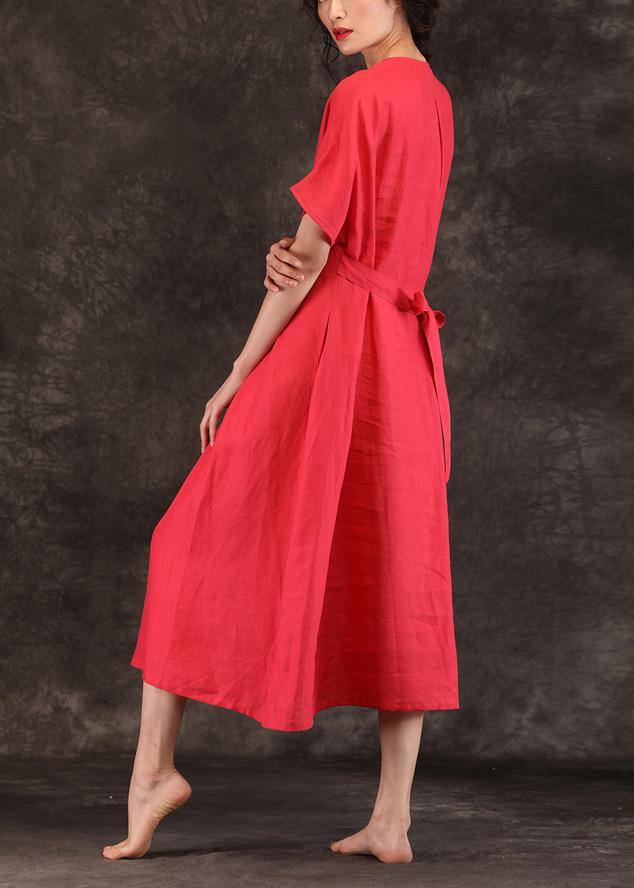 Women v neck tie waist linen clothes For Women Inspiration red Dress summer - bagstylebliss