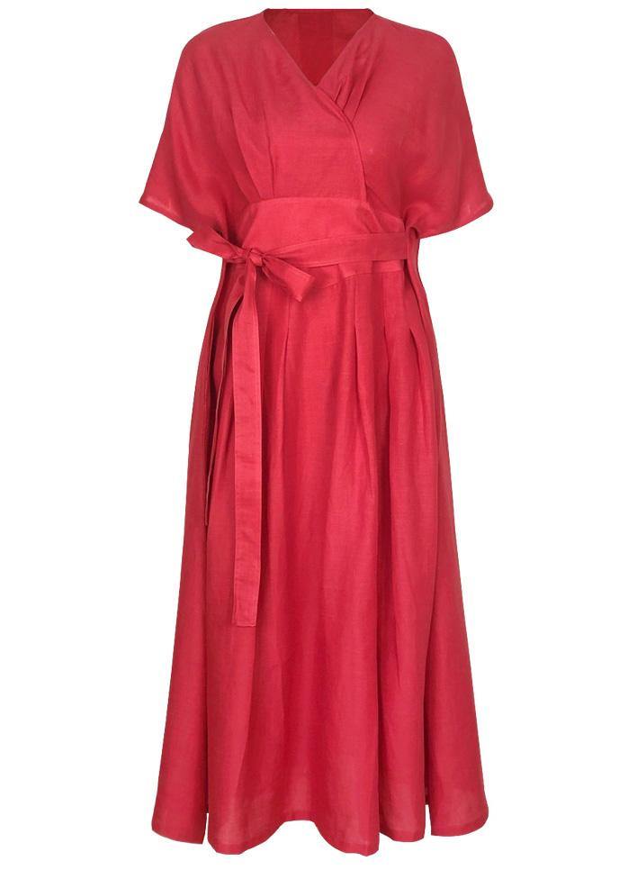 Women v neck tie waist linen clothes For Women Inspiration red Dress summer - bagstylebliss