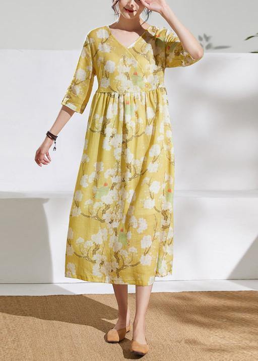 Women v neck tie waist linen summer dresses Outfits yellow print Dresses - bagstylebliss