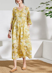 Women v neck tie waist linen summer dresses Outfits yellow print Dresses - bagstylebliss