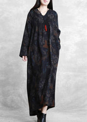 Women v neck Cinched clothes For Women Catwalk black print Robe Dresses - bagstylebliss