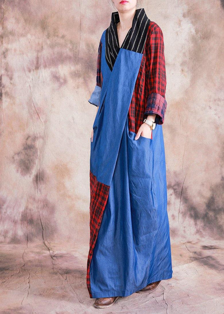 Women v neck Cinched cotton linen clothes design red plaid Dresses fall - bagstylebliss