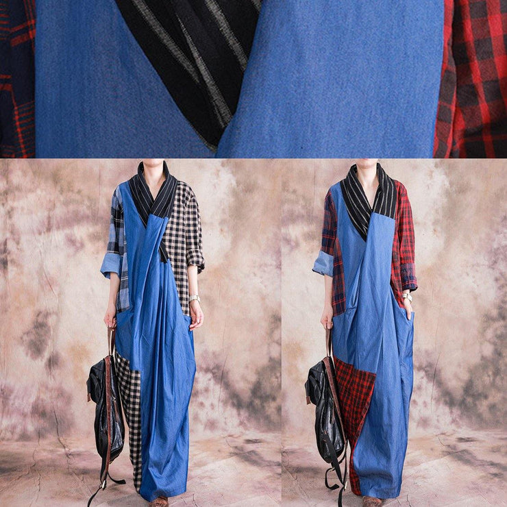 Women v neck Cinched cotton linen clothes design red plaid Dresses fall - bagstylebliss