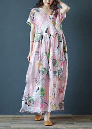 Women v neck Cinched linen Robes Fashion Ideas pink print Dress - bagstylebliss