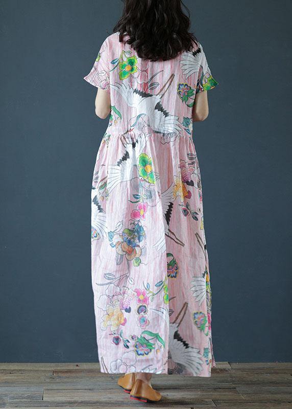 Women v neck Cinched linen Robes Fashion Ideas pink print Dress - bagstylebliss