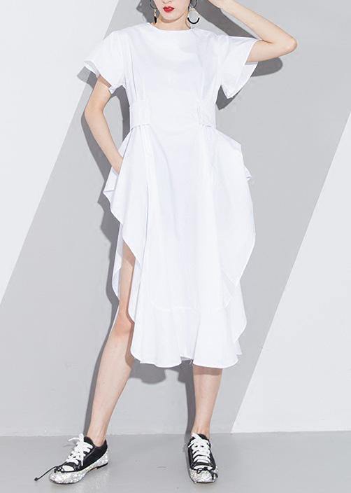 Women white Cotton tunic pattern short sleeve loose asymmetric sundress Dress - bagstylebliss