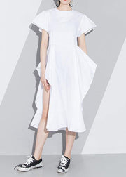 Women white Cotton tunic pattern short sleeve loose asymmetric sundress Dress - bagstylebliss